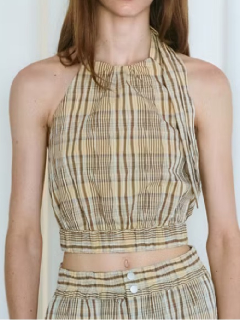 Mango Yellow and Brown Plaid Halter Crop Top HALTER NECK CHECK TOP 2899
